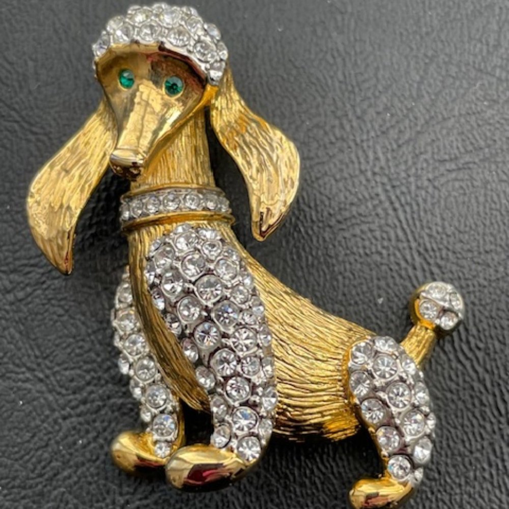 Vintage Poodle Brooch-Gold tone-Green eyes-Clear pave stones